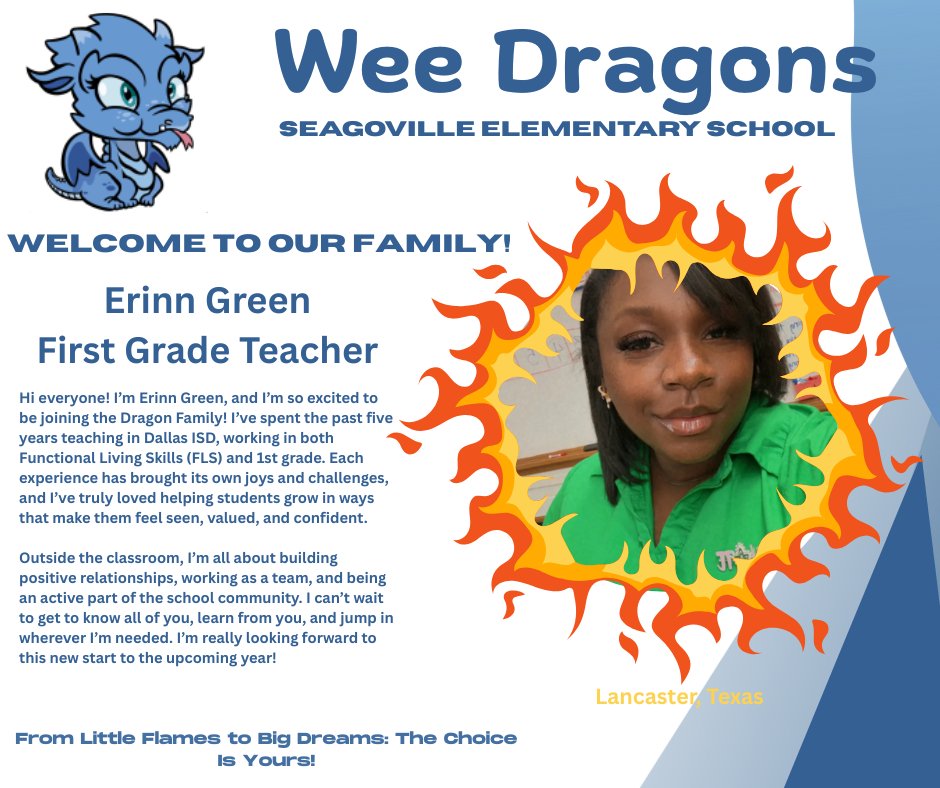 Seagoville_ES's tweet image. Welcome to Seagoville Elementary, Ms. Green!
We’re thrilled to have you join our dragon’s lair! We can’t wait to see your fiery passion and guiding light help our wee dragons soar, grow, and become the legends they’re meant to be! @mrschoppa1908 @MariaRossAP