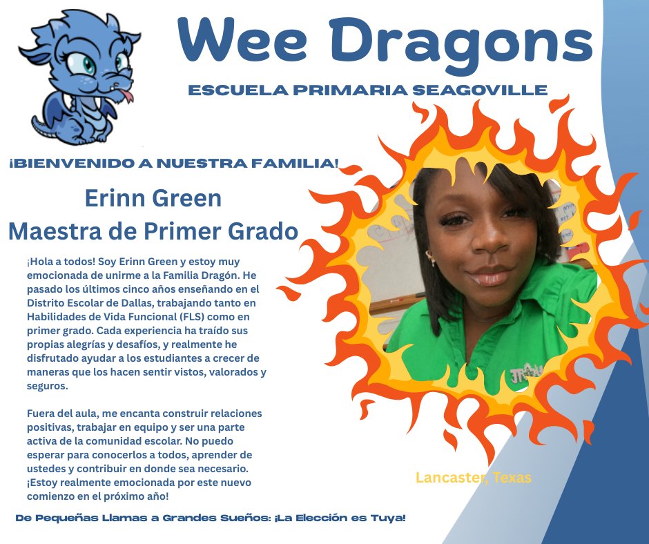 Seagoville_ES's tweet image. Welcome to Seagoville Elementary, Ms. Green!
We’re thrilled to have you join our dragon’s lair! We can’t wait to see your fiery passion and guiding light help our wee dragons soar, grow, and become the legends they’re meant to be! @mrschoppa1908 @MariaRossAP