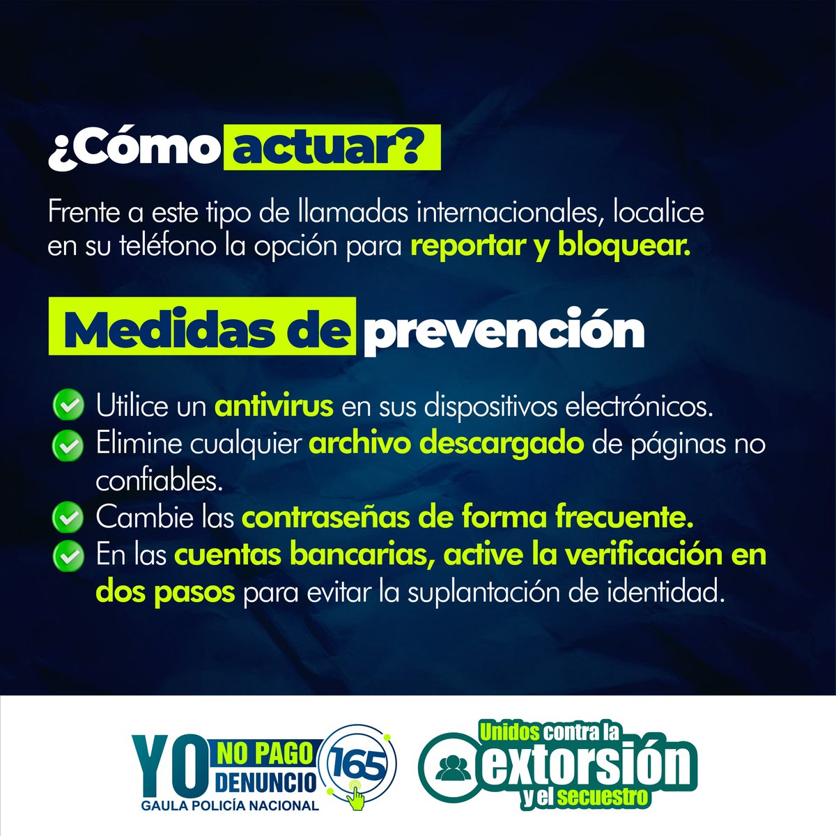 GaulaPolicia's tweet photo. #Alerta | ¿Ha recibido llamadas de números internacionales? 🤳
 
Pueda que al otro lado de la línea, este un delincuente
usando la información que suministra para luego extorsionarlo. 

Si cree, que este es su caso, ¡Actúe!🚨

No dejes que te engañen
Cuelga y marca la #Línea165 https://t.co/SaUm7Ekrq1