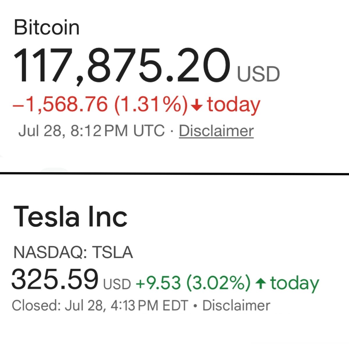 JenCommon's tweet image. $TSLA stock and $BTC would be the 2 best things to invest in to secure your future. I am marking this today. It will be interesting to see where this is in 1 year or 5 years or 10 years.
1 Bitcoin today = $117,875.20
300 Tesla shares today = $97,677.00
I am not a financial…