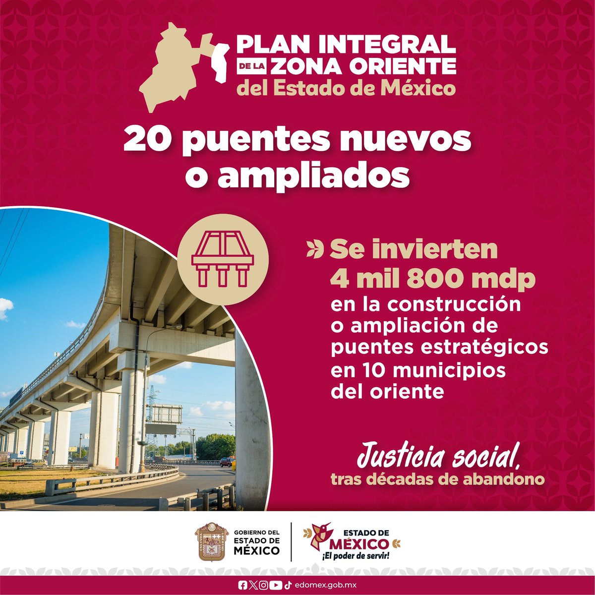 Para mejorar la conectividad entre los municipios de la zona oriente con la construcción o ampliación de 20 puentes. La población de los 10 municipios, además de los que transiten por la región, tendrán mejores rutas para trasladarse con el #PlanOrienteEdoMex. #ElPoderDeServir