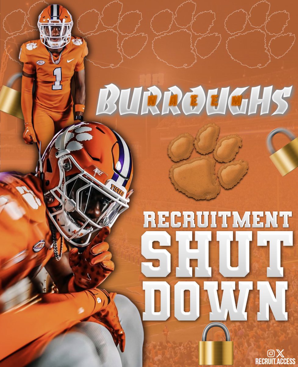 Nate Gravender (@nategravender) on Twitter photo BREAKING: 4🌟 WR Naeem
Burroughs ( <a href="/ThaDr3am__/">Naeem “Tha Dream” Burroughs</a> ) tells me that he is shutting his recruitment down and is locked in with Clemson
Burroughs is ranked as a top 85 recruit in the nation (#9 WR) per the 247sports composite
He has been committed to the tigers since March
#Allin BREAKING: 4🌟 WR Naeem
Burroughs ( <a href="/ThaDr3am__/">Naeem “Tha Dream” Burroughs</a> ) tells me that he is shutting his recruitment down and is locked in with Clemson
Burroughs is ranked as a top 85 recruit in the nation (#9 WR) per the 247sports composite
He has been committed to the tigers since March
#Allin