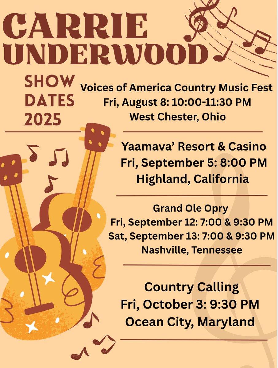 cu_countryidol's tweet photo. 🎶 Show Dates 2025 🎶

#carrieunderwood #showdates #2025

@carrieunderwood https://t.co/Lxz0z8Bhmh