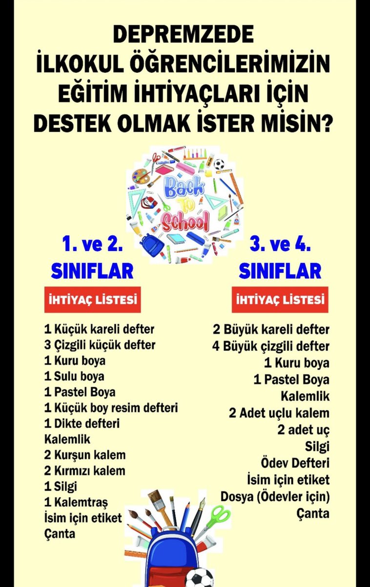 Dostlar !!!

Hatay’daki depremzede çocuklarımızın bize ihtiyacı var 

Eylül ayının ilk haftası ilkokul 1. Sınıflar, ikinci haftası da 2/3/4. Sınıflar eğitim ve öğretimlerine başlayacaklar.

Kırtasiye malzemelerine ihtiyacımız var .yardımcı olmak isteyen arkadaşlarım Dm den de