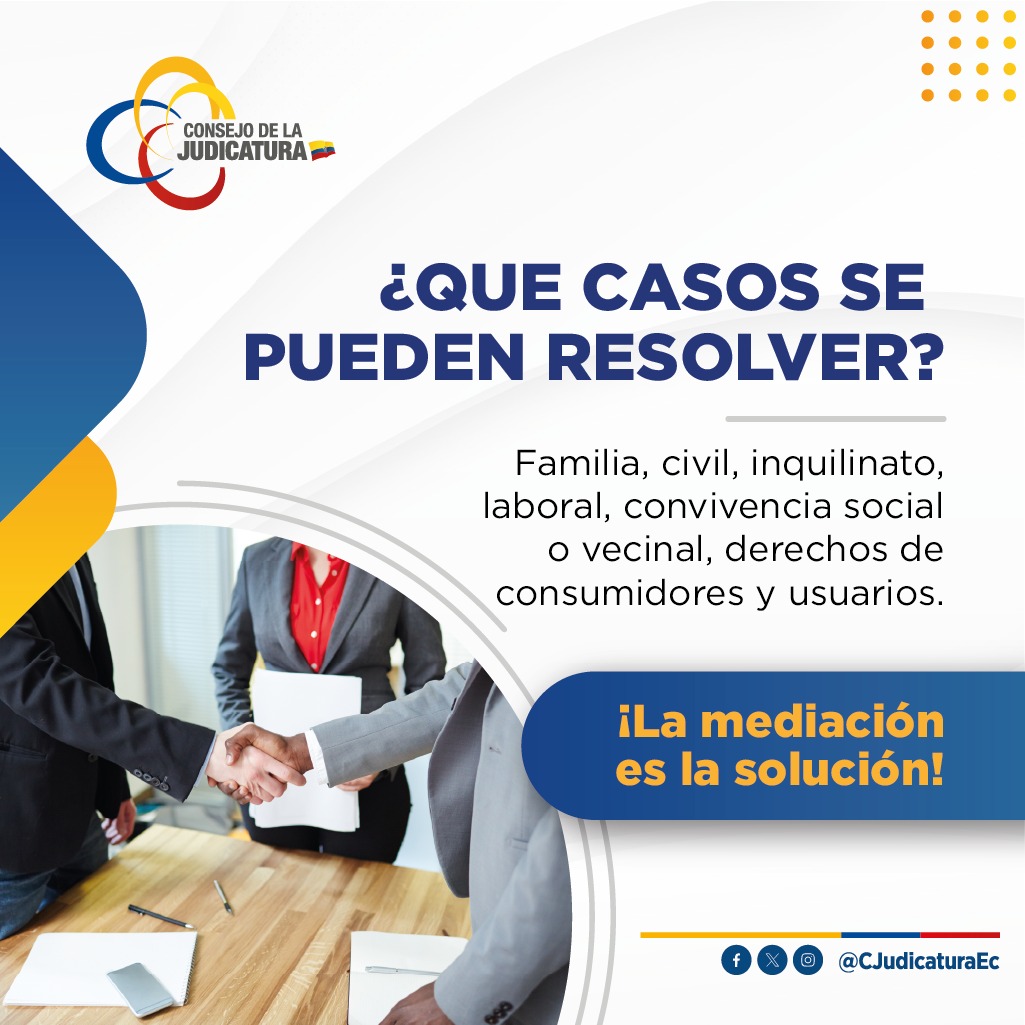 CJudicaturaEc's tweet image. 🤝 | #MediaciónCJ
La mediación es un recurso legal que descongestiona la carga procesal de la justicia ordinaria y tiene la misma validez que una sentencia judicial ejecutoriada.
✅¿Qué casos puedes resolver? Aquí te lo contamos. ⤵️
#JusticiaResponsable ⚖️