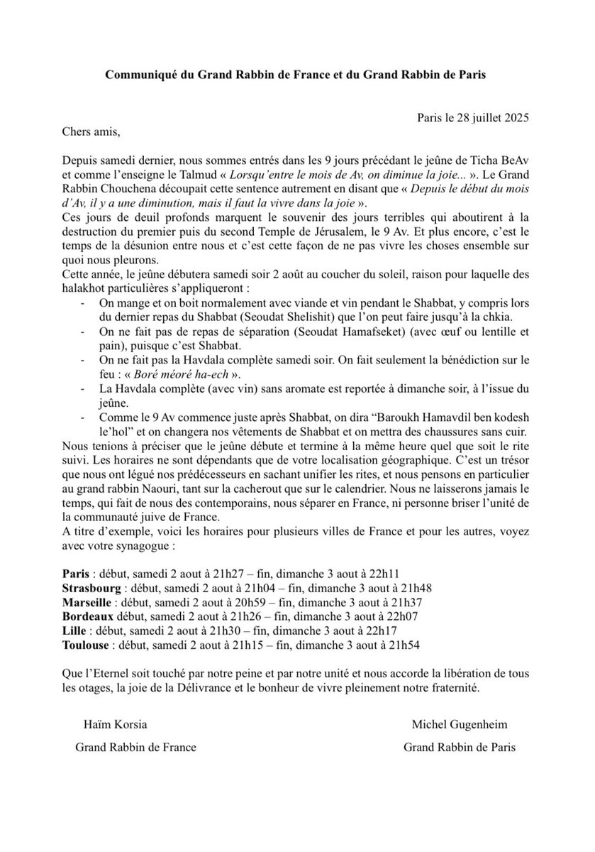 📃 Communiqué du Grand Rabbin de France, Haïm Korsia et du Grand Rabbin de Paris, Michel Gugenheim.
-
#TishaBeav #Communiqué #GRP #GRF #Rabbin #Judaisme