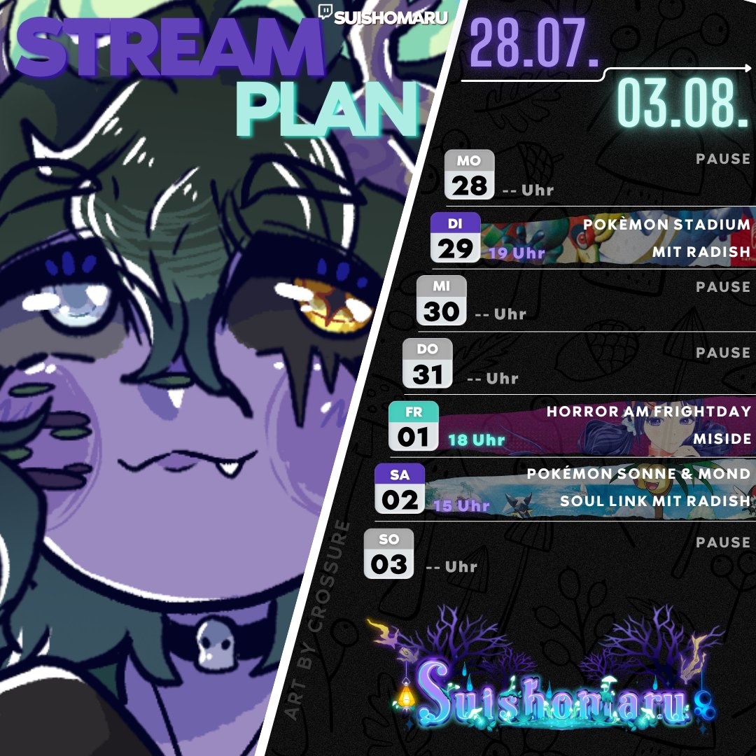 Chris (@suishomaru) on Twitter photo 👻 STREAMPLAN 👻
💜DI: Pokémon Stadium (2)! ✨
<a href="/RadishRuby/">Radish 🥕😈 Vegetable Imp Vtuber</a> und ich vertreten <a href="/Jinjaowo/">Jinja (URLAUB BIS 08.08.) 🔥 LIGHTMOTIF</a> ! 🐐🔥
💜FR: MiSide! 🧏♀️🔪
Anime-Horror am FRIGHTDAY!
💜SA: Pokémon Sonne & Mond (Soul Link) 🌞🌜
<a href="/RadishRuby/">Radish 🥕😈 Vegetable Imp Vtuber</a> und ich unterwegs in Alola! 👻 STREAMPLAN 👻
💜DI: Pokémon Stadium (2)! ✨
<a href="/RadishRuby/">Radish 🥕😈 Vegetable Imp Vtuber</a> und ich vertreten <a href="/Jinjaowo/">Jinja (URLAUB BIS 08.08.) 🔥 LIGHTMOTIF</a> ! 🐐🔥
💜FR: MiSide! 🧏♀️🔪
Anime-Horror am FRIGHTDAY!
💜SA: Pokémon Sonne & Mond (Soul Link) 🌞🌜
<a href="/RadishRuby/">Radish 🥕😈 Vegetable Imp Vtuber</a> und ich unterwegs in Alola!