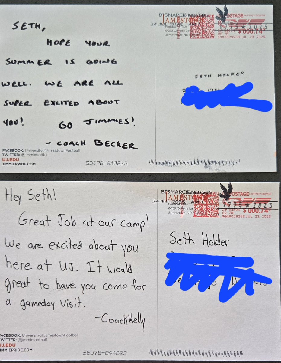 Thank you <a href="/CoachEricBecker/">Eric Becker</a> and <a href="/coach_skelly/">Coach Kelly</a> for the mail! 

<a href="/JimmieFootball/">Jamestown Football</a>