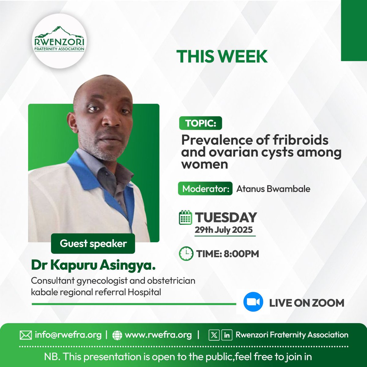 We invite you to a weekly topic discussion on the health topic"PREVALENCE OF FIBROIDS AND OVARIAN CYSTS AMONG WOMEN"
Guest Speaker: Dr.Kapuru Asingya)-Consultant Gynecologist and Obstetrician - Kabale Hospital
Date: 29th July 2025 Time: 8 pm. Join via Zoom
us02web.zoom.us/j/82399085523?…