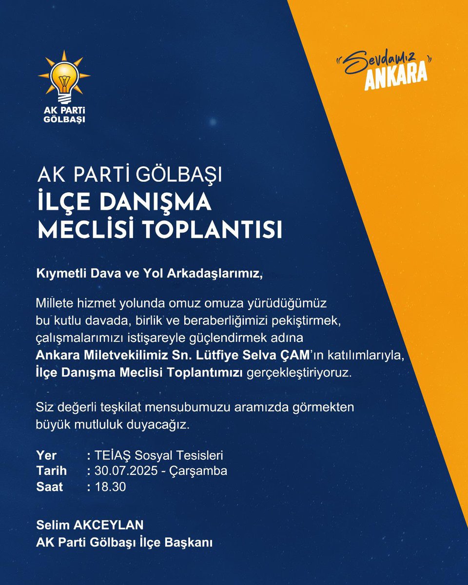 Selim Akceylan (@slmakcyln) on Twitter photo Tüm gönüldaşlarımız davetlidir…
<a href="/selvacam/">Lütfiye Selva Çam 🇹🇷</a>
<a href="/AkGolbasiResmi/">AK Parti Gölbaşı İlçe Başkanlığı</a>
<a href="/AkpartiAnkara/">AK Parti Ankara</a> Tüm gönüldaşlarımız davetlidir…
<a href="/selvacam/">Lütfiye Selva Çam 🇹🇷</a>
<a href="/AkGolbasiResmi/">AK Parti Gölbaşı İlçe Başkanlığı</a>
<a href="/AkpartiAnkara/">AK Parti Ankara</a>