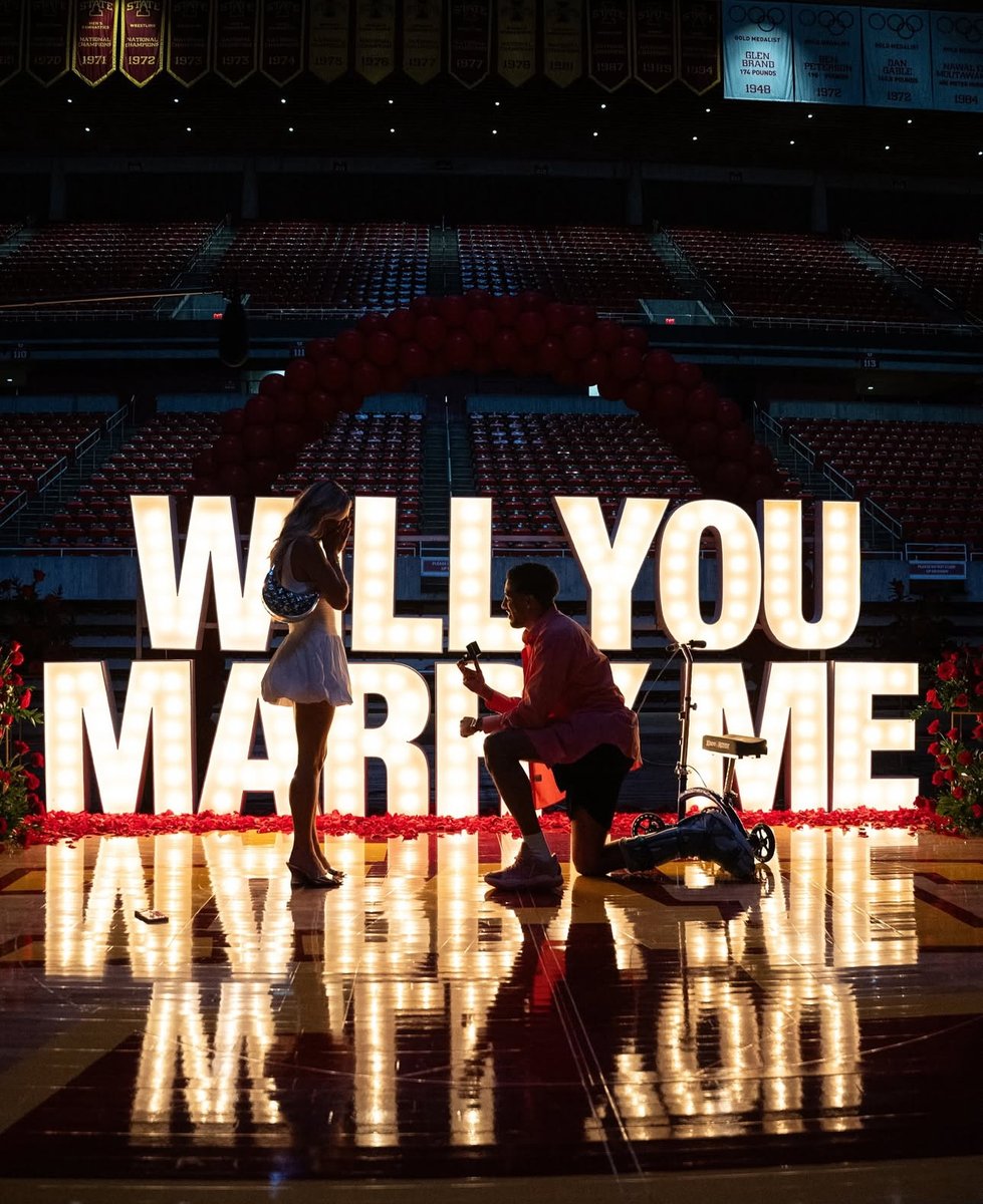The Cyclone love story continues! 

Tyrese Haliburton proposed to his longtime girlfriend Jade at Hilton Coliseum. The two met at Iowa State, where Jade was a Cyclone cheerleader. Congratulations to  the former Cyclones! 

📸: IG - Tyrese Haliburton