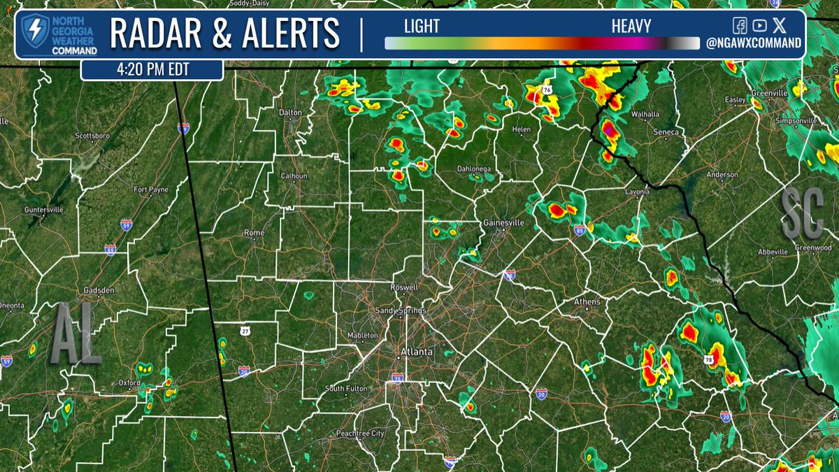 NGAWXCommand's tweet image. PM SHOWERS:
Showers across North Georgia and parts of eastern Georgia this afternoon. No severe alerts in effect at this time, but heavy rain and gusty winds are possible with any downpours that move through your area. A brief relief from the heat! #gawx #Georgia