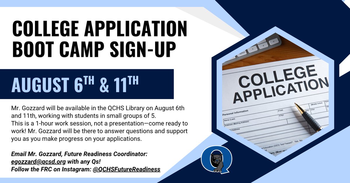 QCSD_Schools (@qcsd_schools) on Twitter photo Join Mr. Gozzard for College Application Boot Camp in the QCHS Library on August 6th and 11th, working with students in small groups of 5. Click here to sign up: signupgenius.com/go/10C0A48ABAA…
(one time slot per student per day) #CollegeApplicationBootCamp <a href="/OfficialQCHS/">Quakertown Community High School</a> Join Mr. Gozzard for College Application Boot Camp in the QCHS Library on August 6th and 11th, working with students in small groups of 5. Click here to sign up: signupgenius.com/go/10C0A48ABAA…
(one time slot per student per day) #CollegeApplicationBootCamp <a href="/OfficialQCHS/">Quakertown Community High School</a>