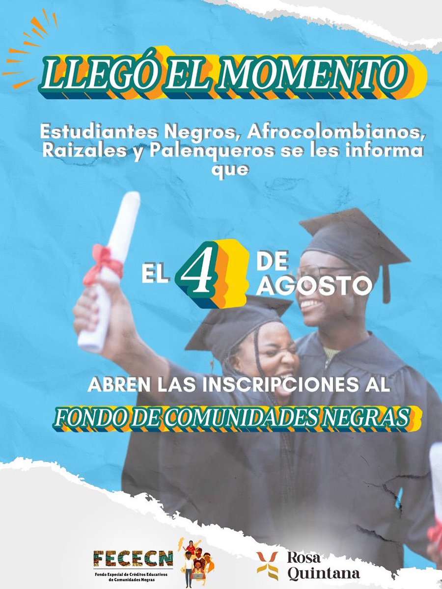🎓 ¡Llegó el momento!
A partir del 4 de agosto, se abren las inscripciones al Fondo Especial de Créditos Educativos para Comunidades Negras – FECECN.
Si eres estudiante Negro, Afrocolombiano, Raizal o Palenquero, esta es tu oportunidad para acceder a la educación superior. ✊🏾