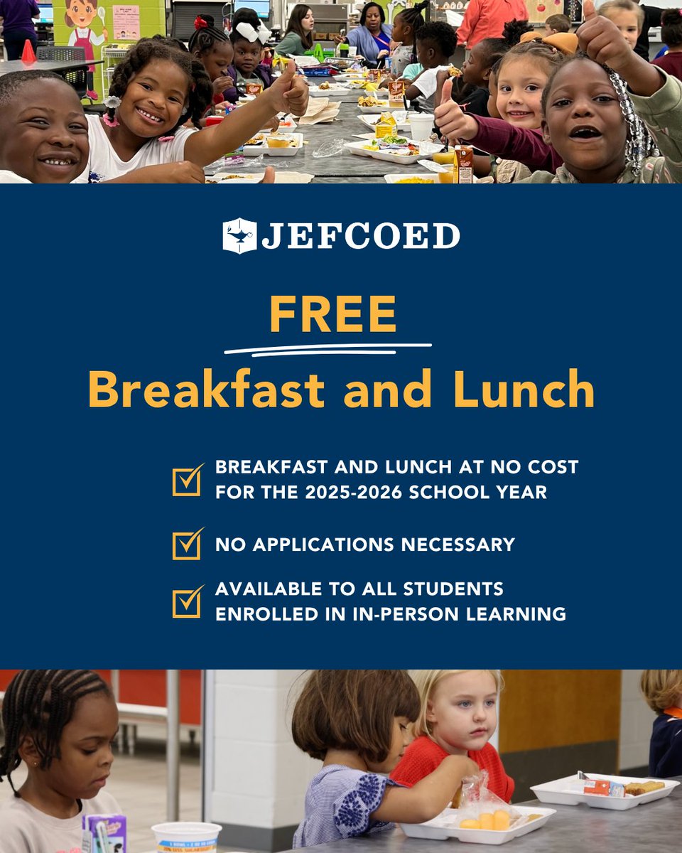 JEFCOED's tweet image. This school year we will offer FREE breakfast and lunch to ALL students enrolled in in-person learning!🥣🥪
No applications are needed. We encourage all families to participate in this program so we can continue providing it to students in the future!
#JEFCOEDProud #Freemeals