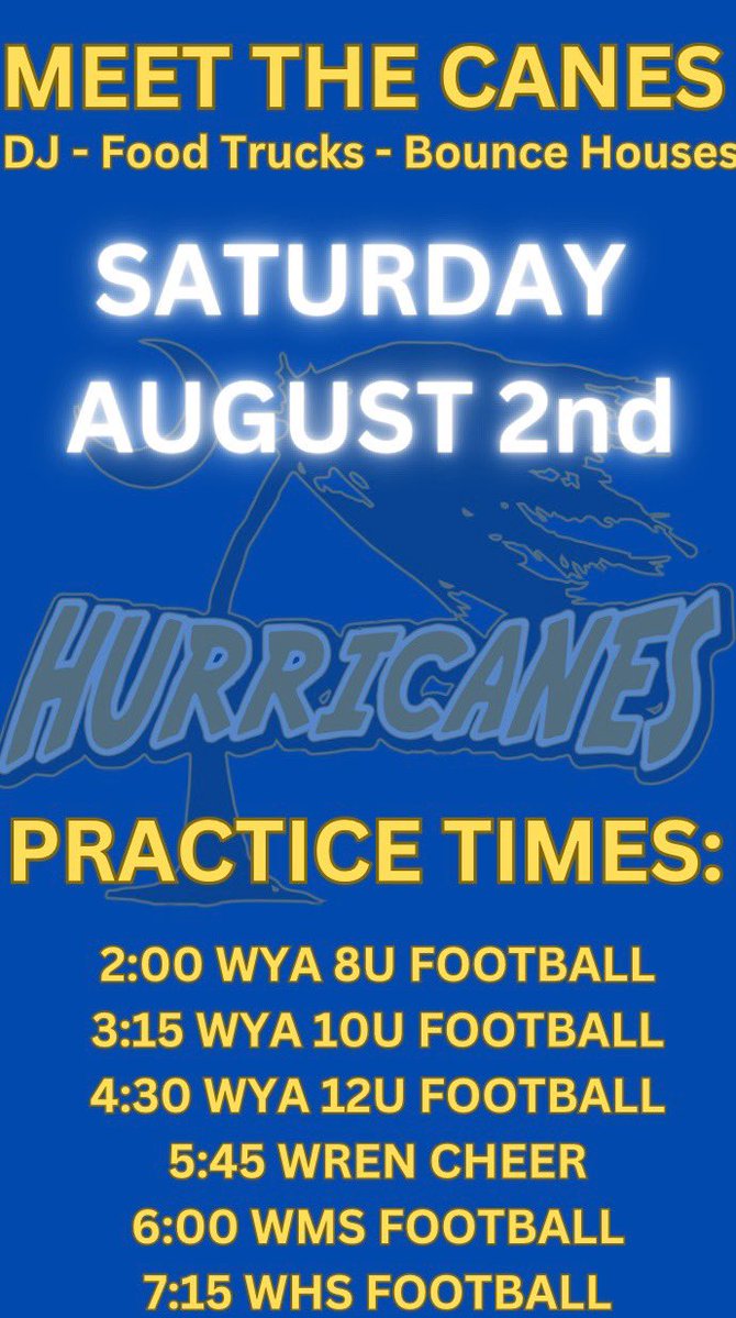 Wren Hurricane Football (@officialwrenfb) on Twitter photo 🌴🏈Join us THIS SATURDAY AUGUST 2nd at the Wren High School Football Stadium and Jack King Field for our annual MEET THE CANES DAY!! 🏈🌴
<a href="/MrCoachFrate/">Anthony Frate</a> <a href="/CoachPerdomo/">Chris Perdomo</a> <a href="/OfficialWren/">Wren High School</a> 🌴🏈Join us THIS SATURDAY AUGUST 2nd at the Wren High School Football Stadium and Jack King Field for our annual MEET THE CANES DAY!! 🏈🌴
<a href="/MrCoachFrate/">Anthony Frate</a> <a href="/CoachPerdomo/">Chris Perdomo</a> <a href="/OfficialWren/">Wren High School</a>