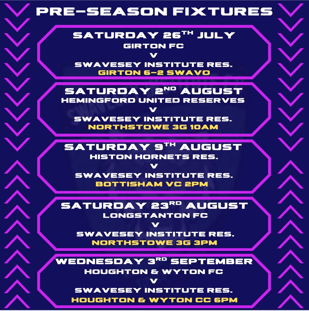 PRE-SEASON FIXTURES

Some really tough games coming up to get us ready for another season is 3B.

We started on Saturday with a defeat away against Div 2 side Girton. Vital minutes in the legs and lots of positives to take from the game. Senior B Hemingford next! 👊

#UPTHESWAVO