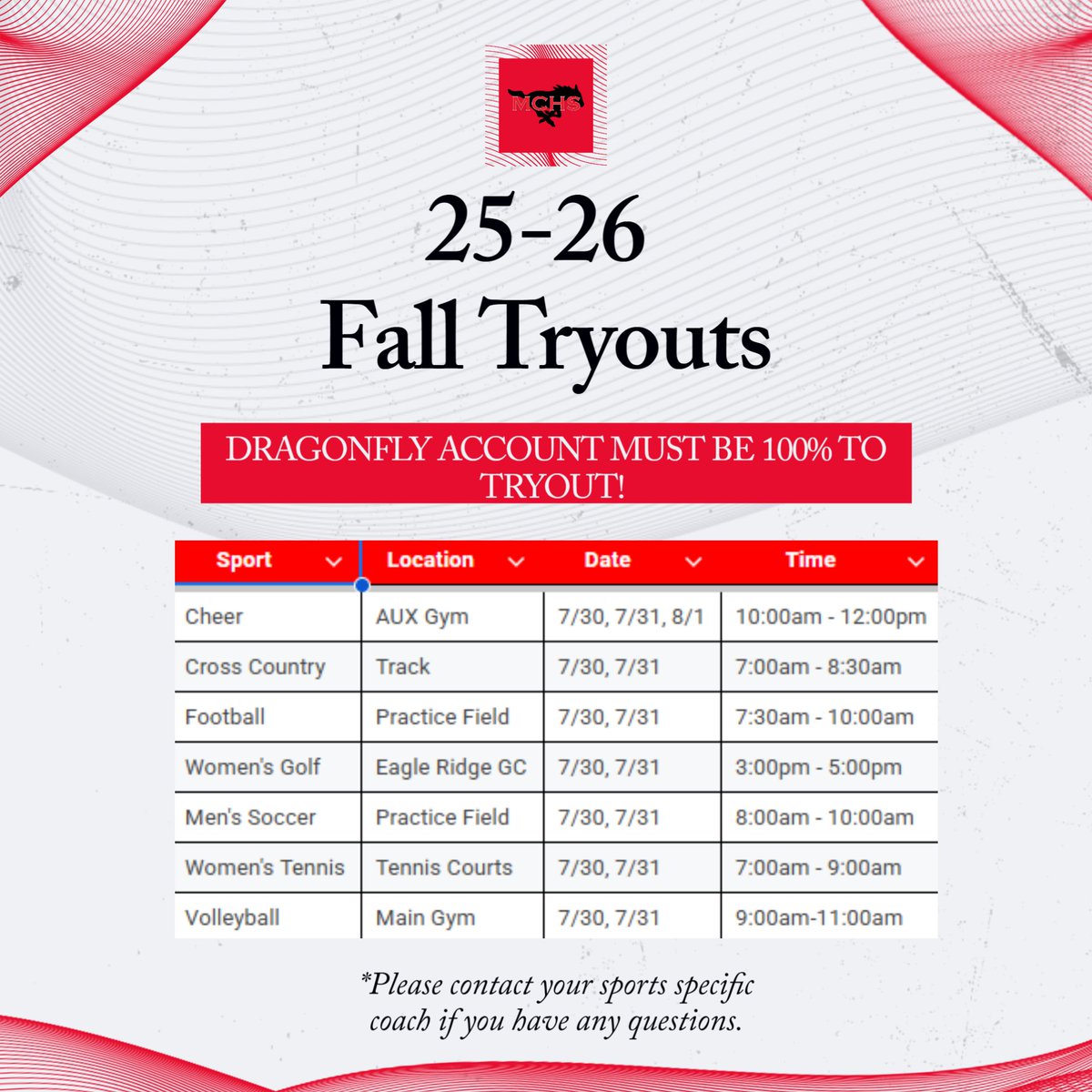 Fall Sports Reminder!!! Tryout Week! We look forward to seeing you on Wednesday.