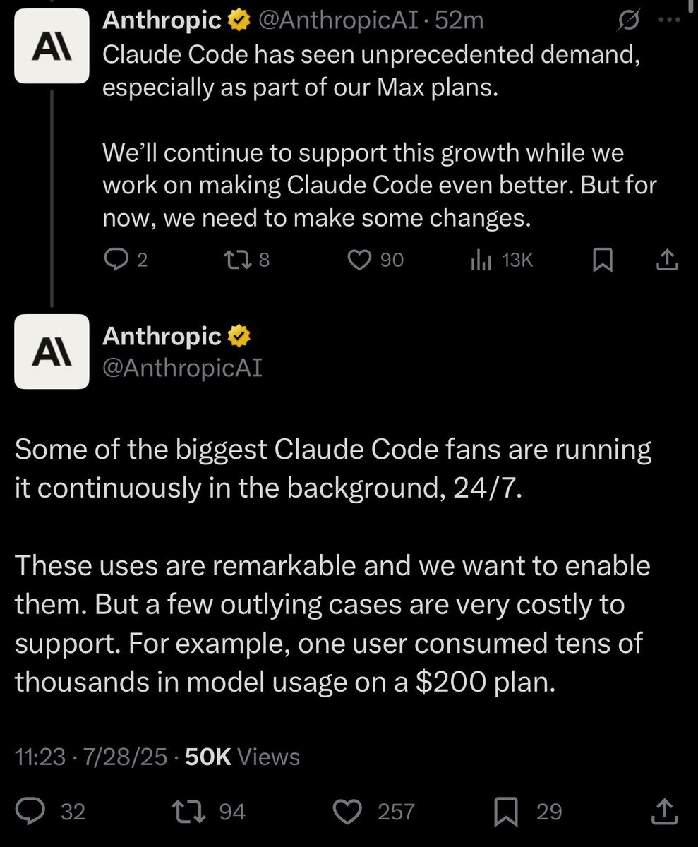 🧠 Claude Code cartonne… peut-être trop !
Mais face aux abus (comptes partagés, usage 24/7, reventes), Anthropic impose de nouvelles limites dès le 28 août. Voici ce qui va changer : 

➡️ Toujours : limite de 5h, réinitialisée toutes les 5h
🆕 En plus :
• Limite hebdo globale