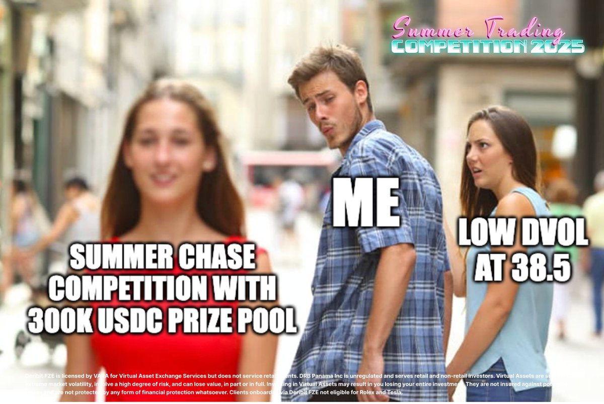 DeribitOfficial's tweet image. 🚨 3 Days left: Summer chase heats up 🚨
DVOL’s calm at 38.5, but the chaos is real — 1000+ traders racing for 300K USDC, a Tesla, a Rolex.
The market’s not going crazy — you are.
Every registered participant gets a guaranteed free option.
▶️ Join the chase:…