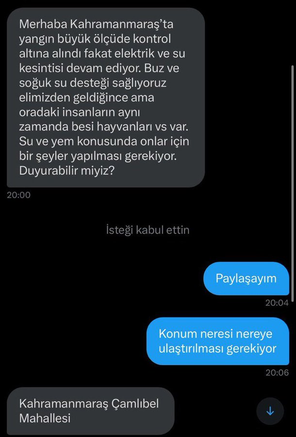 merlinkee's tweet image. 📌YAYABİLİR MİYİZ
Kahramanmaraş yangını sonrası köylerde elektrik ve su kesintisi yaşanıyor, insanlar zor durumda. özellikle hayvanlar için su ve yem desteğinin sağlanması gerekiyor
-ÇAMLIBEL MAHALLESİ