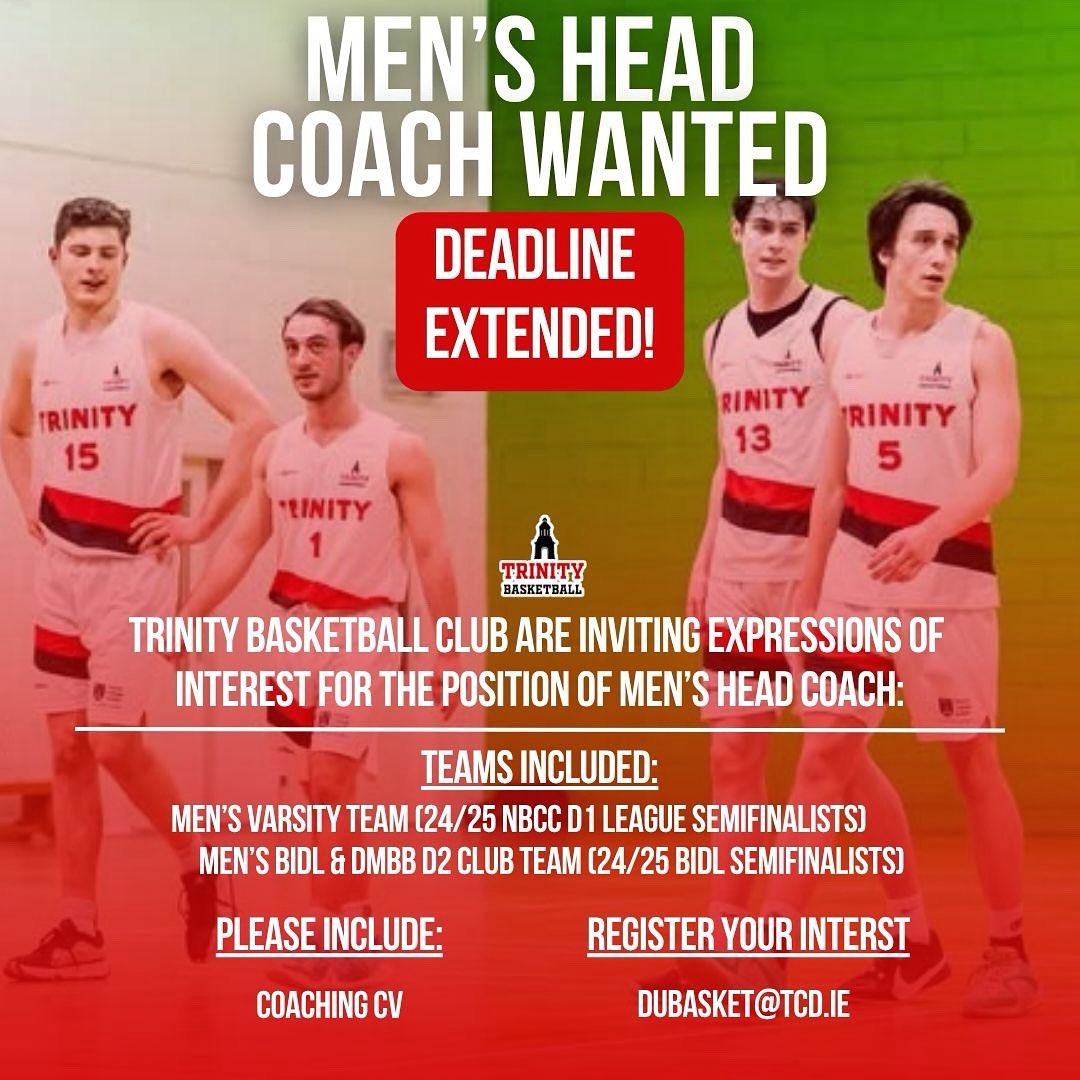 tcdbball's tweet image. 🕒 Application Deadline Extended!
We’re still accepting expressions of interest for the position of Men’s Basketball Head Coach at Trinity College Dublin.
📧 To apply, send your Coaching CV to dubasket@tcd.ie