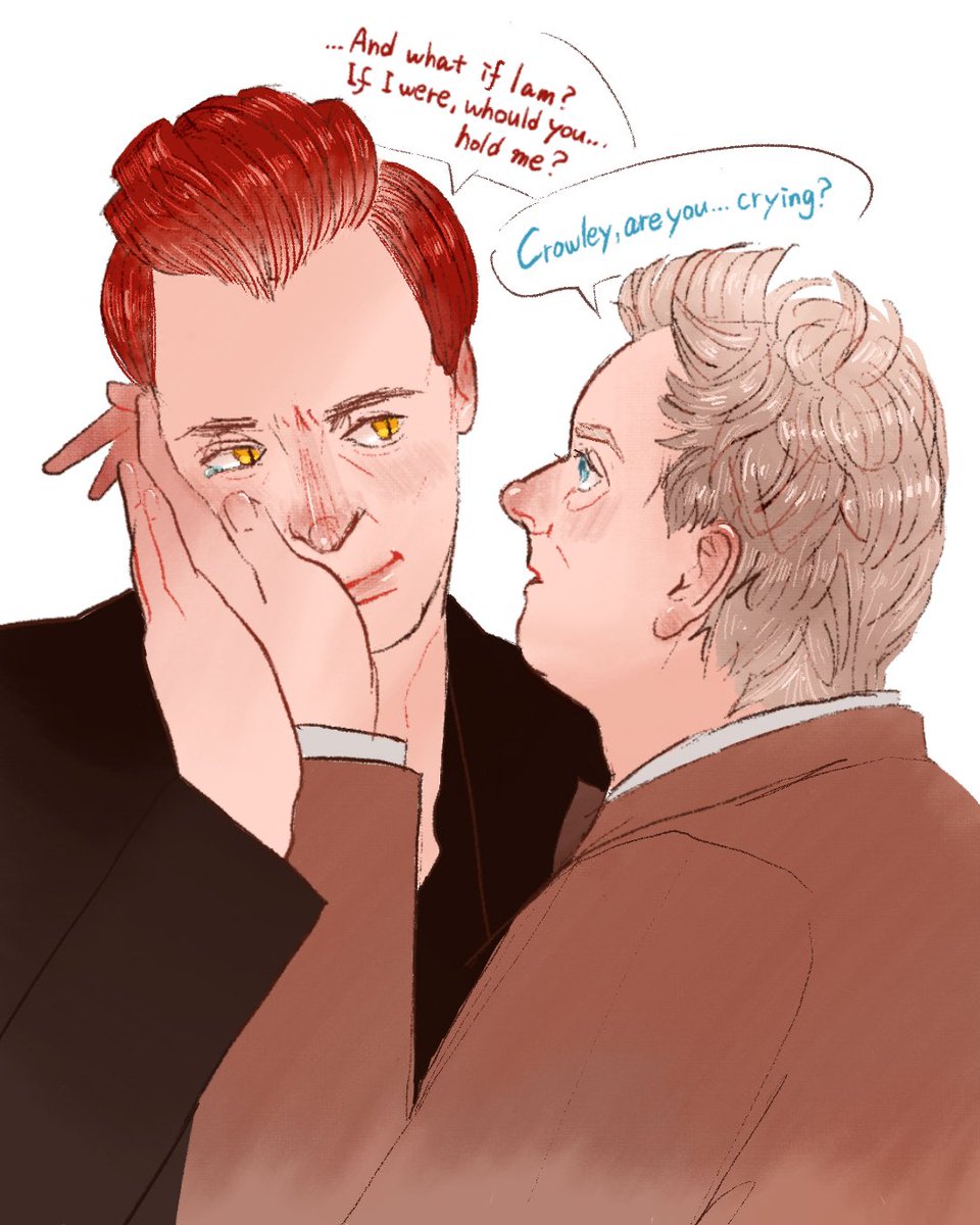 A_good_lad's tweet image. “Crowley, are you… crying?”
“…And what if I am? If I were, would you… hold me?” #GoodOmens #GoodOmensFanArt #Aziraphale #Crowley #aziracrow