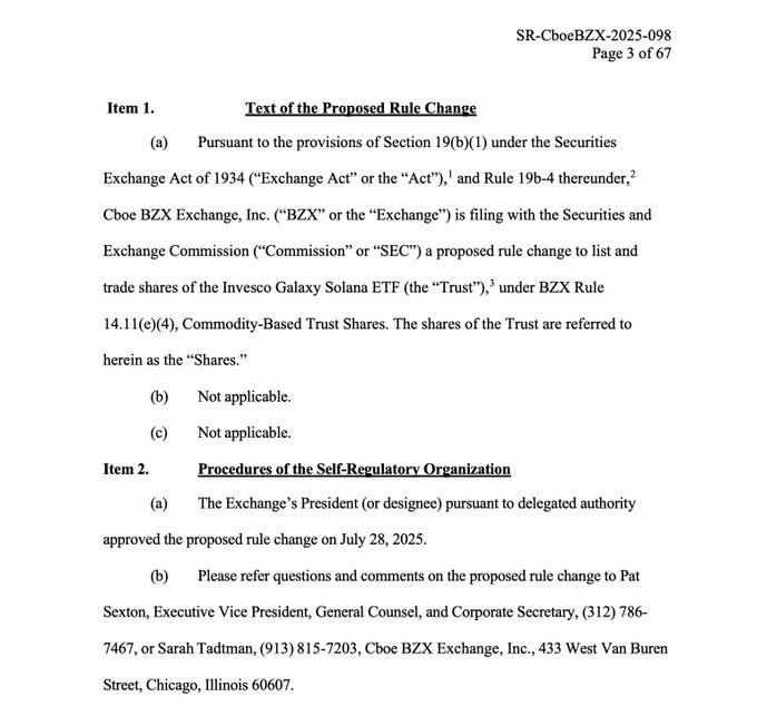 Invesco Galaxy Solana ETFのCboe BZX取引所申請書類
