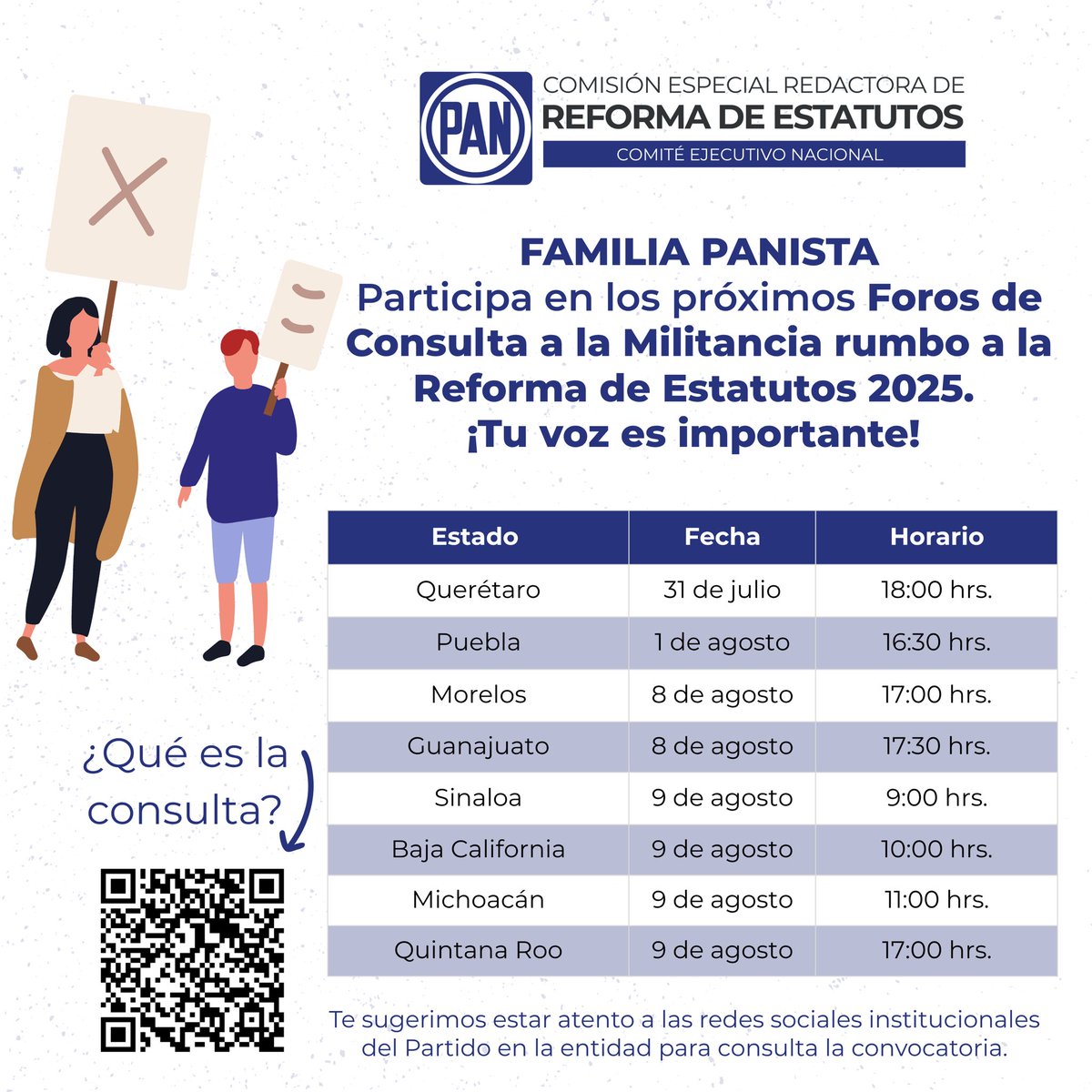 🔵Familia panista.

Súmate a los Foros de Consulta a la militancia rumbo a la Reforma de Estatutos 2025.
🗓️ Consulta fechas y horarios en tu estado y participa en este ejercicio democrático.
🔗 Escanea el código y mantente atento a las redes oficiales para más detalles.

¡Tu voz