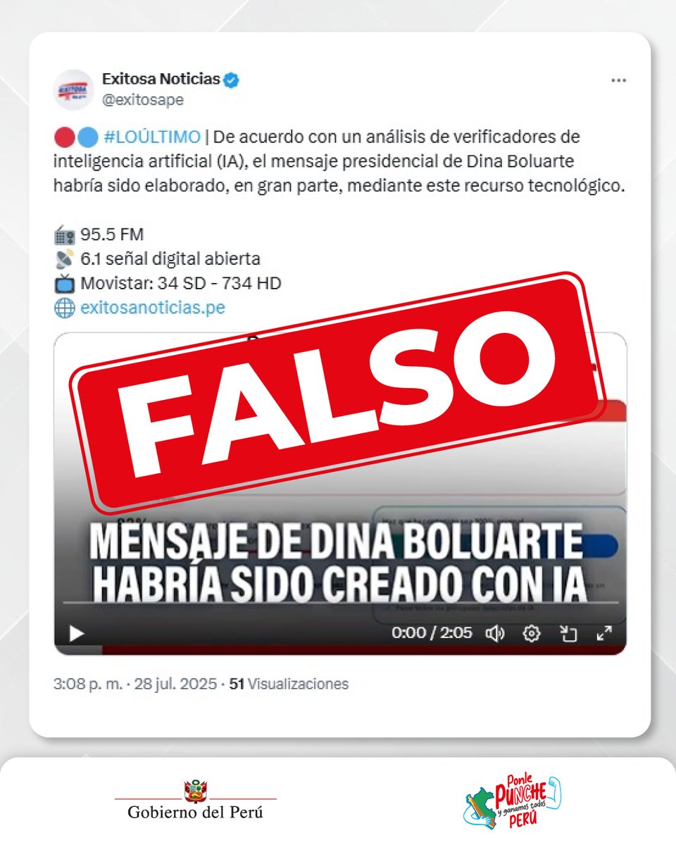 El Gobierno del Perú informa a la ciudadanía que, para la elaboración del #MensajeALaNación, no se empleó el recurso tecnológico señalado. Instamos a la ciudadanía a no creer en información falsa y mucho menos compartirla.