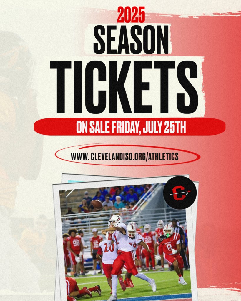 🎟️🏈 2025 SEASON TICKETS are ON SALE NOW!
Don’t miss a snap under the Friday night lights, cheer on your CISD Indians all season long! 
🎫events.hometownticketing.com/boxoffice/clev…
#ClevelandISD#CISDAthletics #ForwardTogether #FridayNightLights