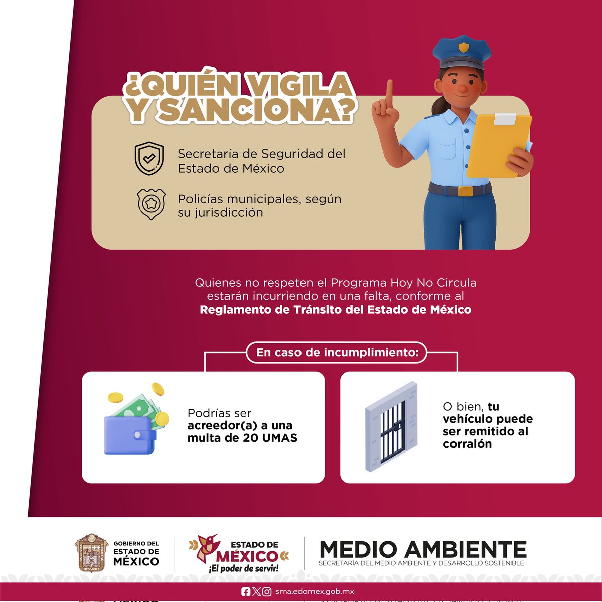 El Programa #HoyNoCircula tiene como propósito disminuir el tránsito vehicular, así como promover el uso de medios más sostenibles y limpios, además de proteger la salud pública, principalmente de grupos vulnerables. 
#MedioAmbiente