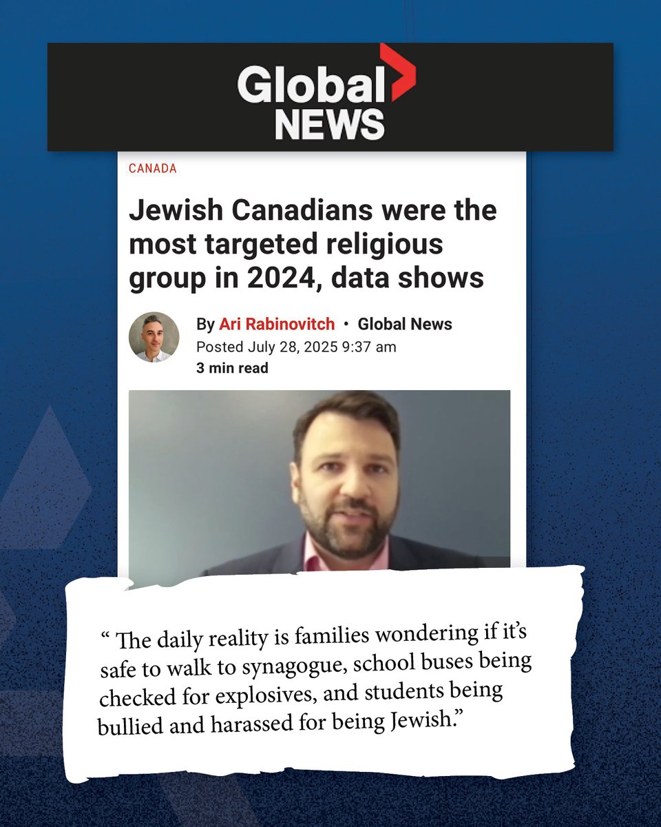 CIJAinfo's tweet image. Last year, a Jewish Canadian was 25 times more likely to experience a hate crime than any other Canadian. Our CEO @nshack says that the numbers don’t paint the full picture.
Click the link to read more:
globalnews.ca/news/11300254/…