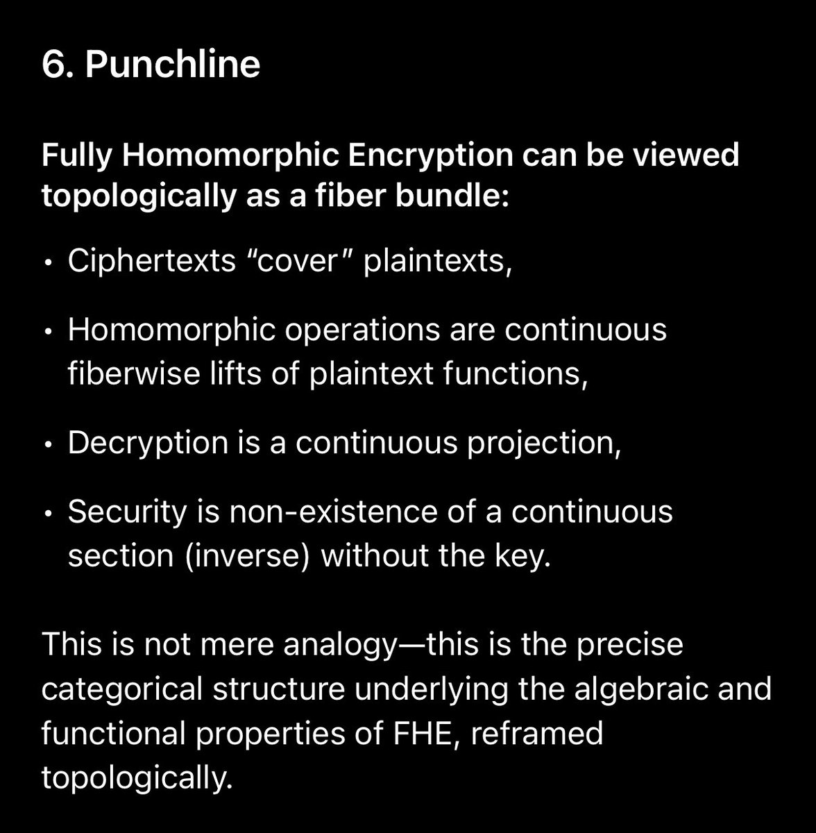 uubzu's tweet image. One of my favorite prompts is: explain &lt;thing&gt; in terms of &lt;lens&gt;
Explain Fully Homomorphic Encryption in terms of group theory, functional analysis, topology, …