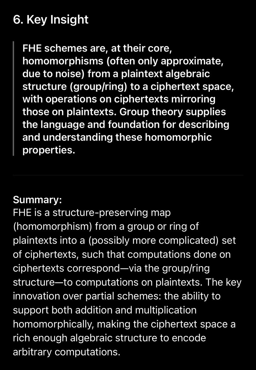 uubzu's tweet image. One of my favorite prompts is: explain &lt;thing&gt; in terms of &lt;lens&gt;
Explain Fully Homomorphic Encryption in terms of group theory, functional analysis, topology, …
