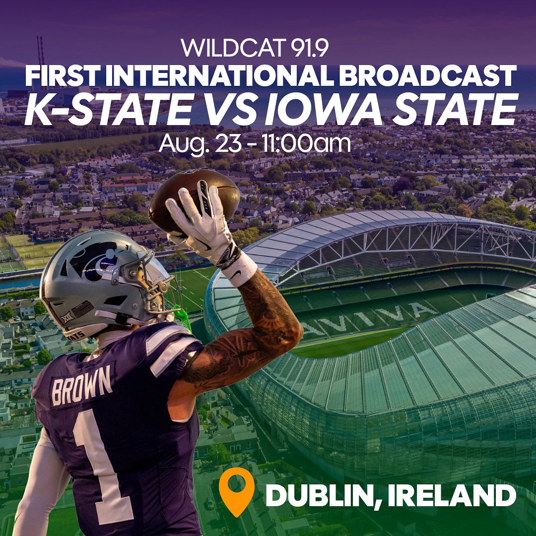 Wildcat 91.9 is going international for the first time in station history! Don’t miss LIVE coverage from Dublin, Ireland on August 23rd. 

YOU BELONG
🎙️🇮🇪🏈💜

#wildcat919 #ireland #kstatesports