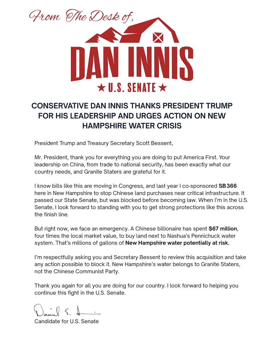 Dan Innis, Ph.D. (@daninnis) on Twitter photo China just dropped $67 million on land next to Nashua’s water supply. Four times what it’s worth.
I’ve had enough. I’m calling on Treasury Secretary <a href="/SecScottBessent/">Treasury Secretary Scott Bessent</a> and President <a href="/realDonaldTrump/">Donald J. Trump</a> to shut this down and protect New Hampshire’s water. China just dropped $67 million on land next to Nashua’s water supply. Four times what it’s worth.
I’ve had enough. I’m calling on Treasury Secretary <a href="/SecScottBessent/">Treasury Secretary Scott Bessent</a> and President <a href="/realDonaldTrump/">Donald J. Trump</a> to shut this down and protect New Hampshire’s water.