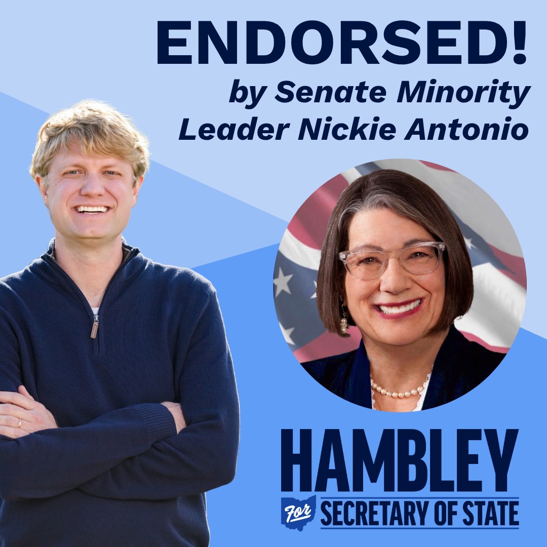 Hambley for Ohio (@hambleyforohio) on Twitter photo I'm honored to share the first endorsement of my candidacy! Thank you Ohio Senate Minority Leader <a href="/nickieantonio/">Nickie J. Antonio</a> for your support. Read more over on our Facebook account:
facebook.com/share/p/1G6BSf…
#HambleyForOhio #CareForOhio #Endorsement I'm honored to share the first endorsement of my candidacy! Thank you Ohio Senate Minority Leader <a href="/nickieantonio/">Nickie J. Antonio</a> for your support. Read more over on our Facebook account:
facebook.com/share/p/1G6BSf…
#HambleyForOhio #CareForOhio #Endorsement