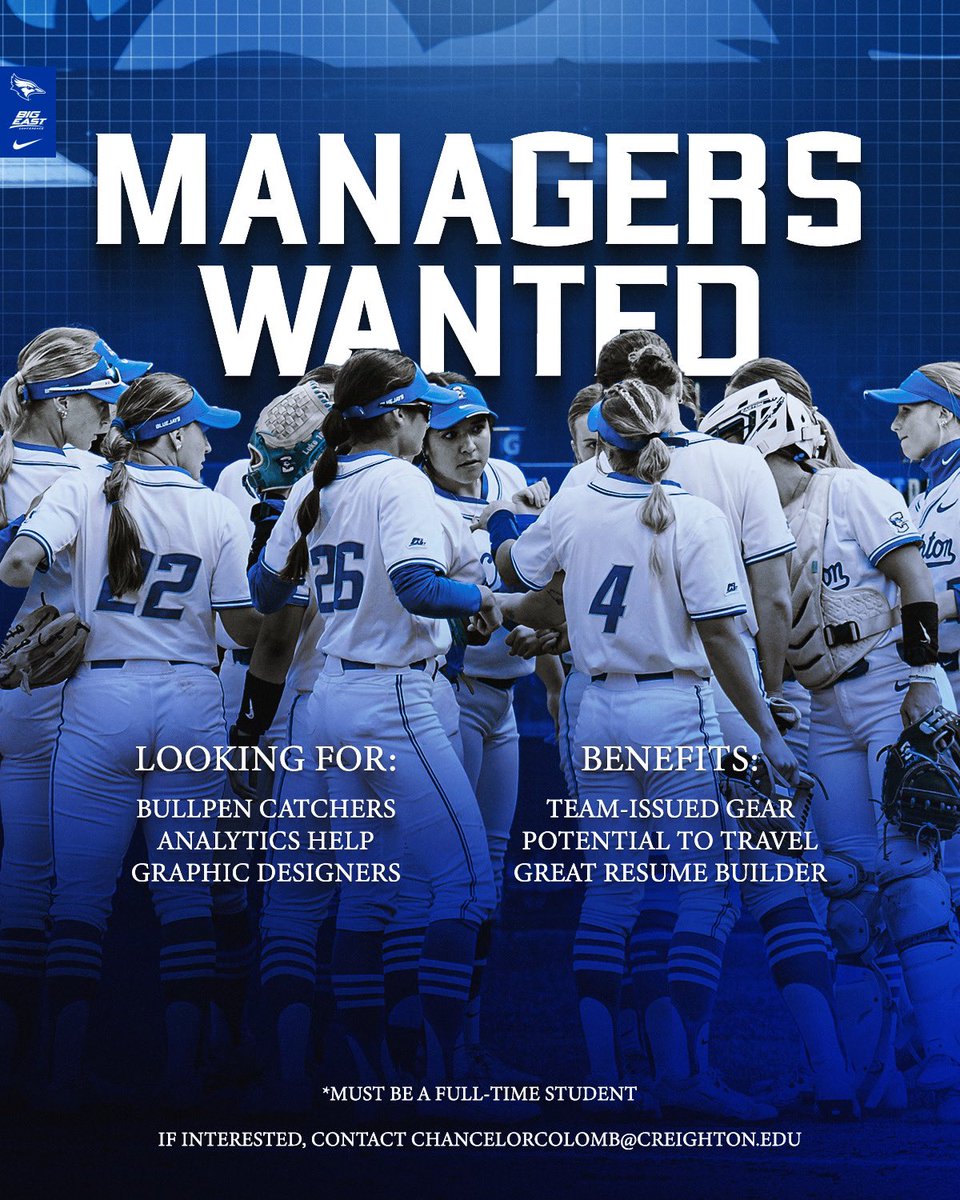 Creighton Softball (@bluejaysoftball) on Twitter photo 🥎Student Managers WANTED🥎
A great opportunity to gain experience working in sports for current Creighton students!
If interested email chancelorcolomb@creighton.edu.
#GoJays 🥎Student Managers WANTED🥎
A great opportunity to gain experience working in sports for current Creighton students!
If interested email chancelorcolomb@creighton.edu.
#GoJays