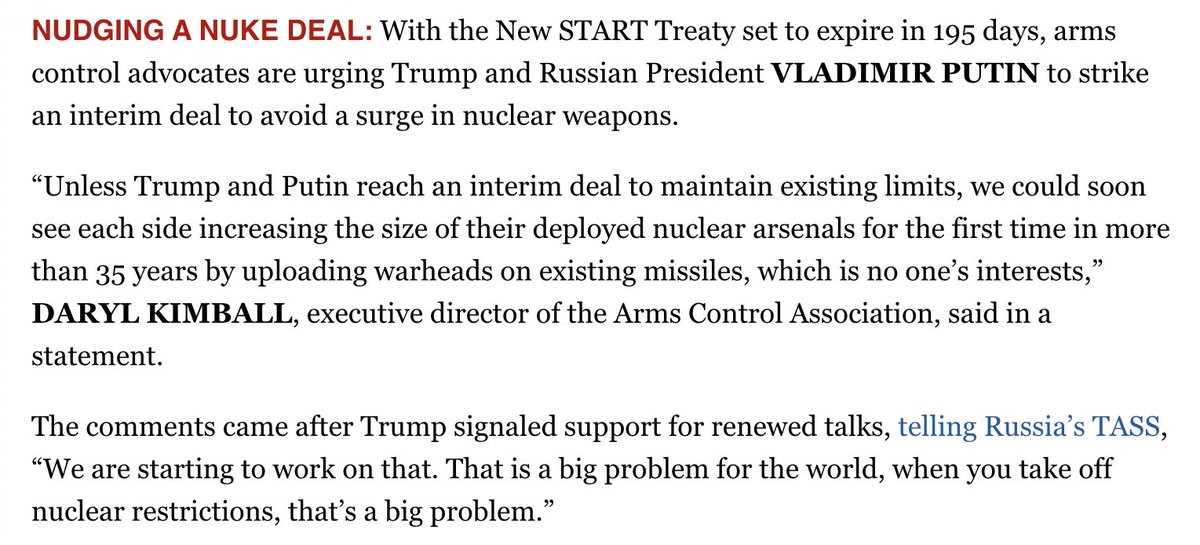 Arms Control Assoc (@armscontrolnow) on Twitter photo ACA Executive Director <a href="/DarylGKimball/">Daryl G Kimball</a> quoted in Politico following Trump's comments in support of New START negotiations with Putin. politico.com/newsletters/na… ACA Executive Director <a href="/DarylGKimball/">Daryl G Kimball</a> quoted in Politico following Trump's comments in support of New START negotiations with Putin. politico.com/newsletters/na…