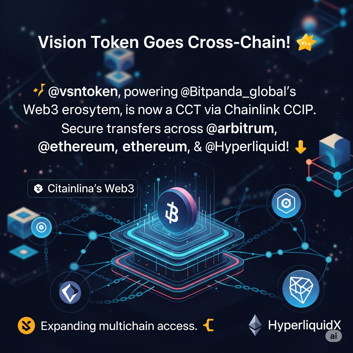 TheCyberBull's tweet photo. Vision Token Goes Cross-Chain! 🚀 @vsntoken, powering @Bitpanda_global's Web3 ecosystem, is now a CCT via Chainlink CCIP. Secure transfers across @arbitrum, @ethereum, & @HyperliquidX! 🌐 Expanding multichain access. 🔗 #VisionToken #ChainlinkCCIP #Bitpanda #Web3 #Crypto https://t.co/ST0bs67G7j