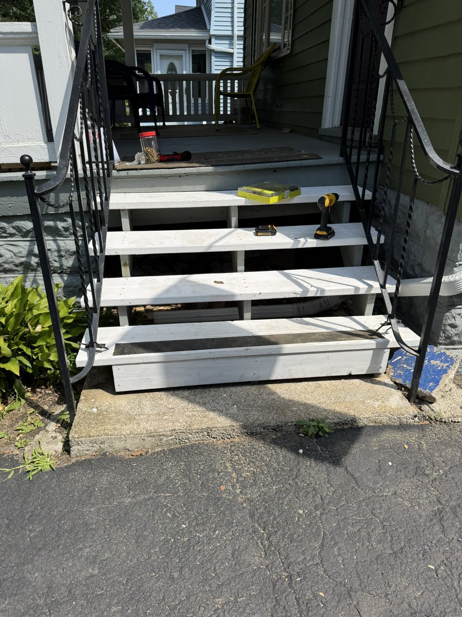 AcctProgressive's tweet image. Picked a hot day to replace treads on stairs. Baby it’s hot outside.