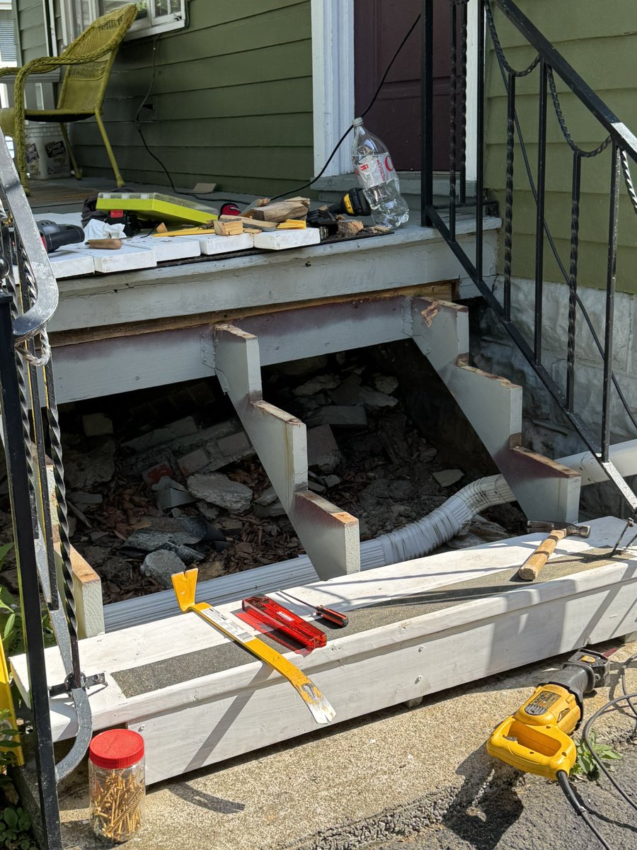AcctProgressive's tweet image. Picked a hot day to replace treads on stairs. Baby it’s hot outside.