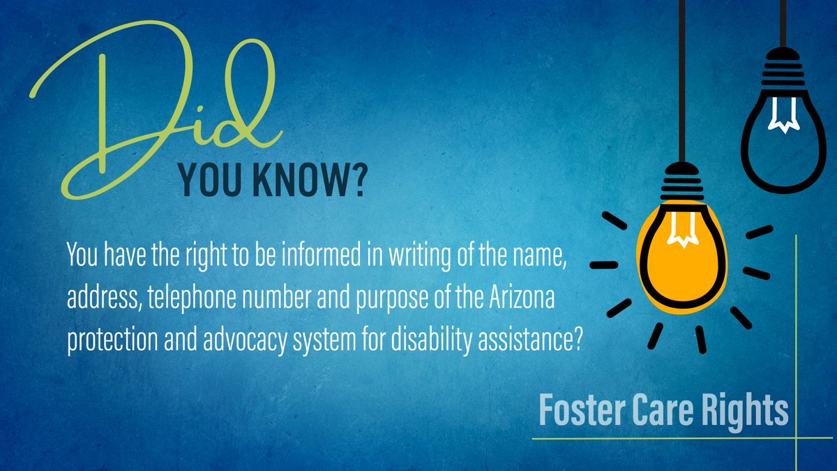 📜 Here is another foster care right!

Did you know that youth in foster care have the right to be informed in writing of the name, address, telephone number and purpose of the Arizona protection and advocacy system for disability assistance?