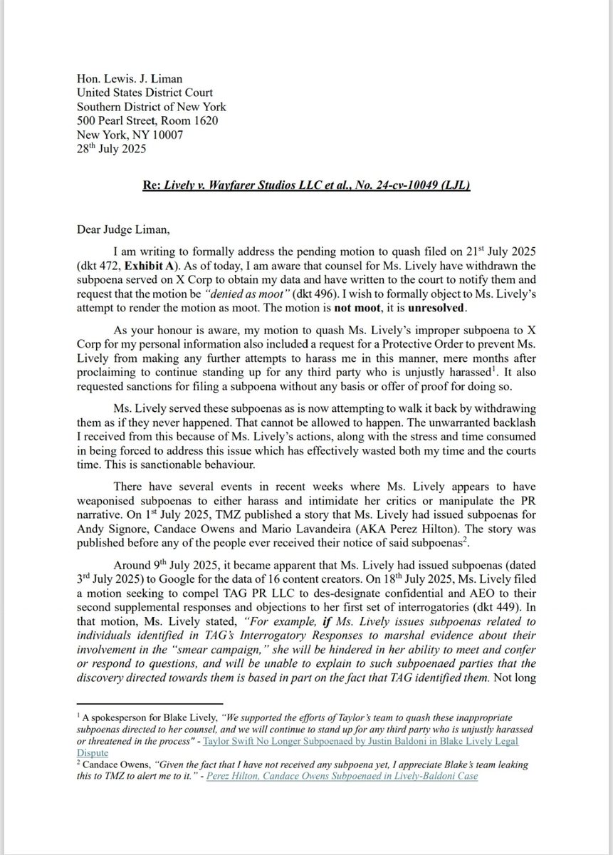 kiarajade2001's tweet photo. 🚨MY RESPONSE TO LIVELY'S OPPOSITION TO MY MOTION TO QUASH🚨

🧵

1. We all submitted our responses before the judge ruled btmut we don't believe he had read these as they are not on the docket and we're sent so recently, they are probably still being processed but here we go... https://t.co/Staean2Kye