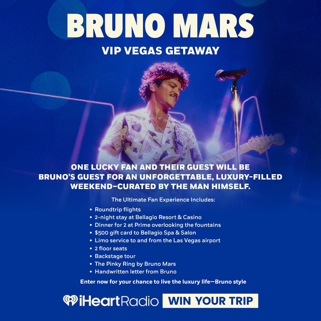 WIN THE ULTIMATE VIP VEGAS EXPERIENCE AND SEE BRUNI MARS LIVE! ENTER HERE FOR A CHANCE TO WIN: jamn957.iheart.com/promotions/win…