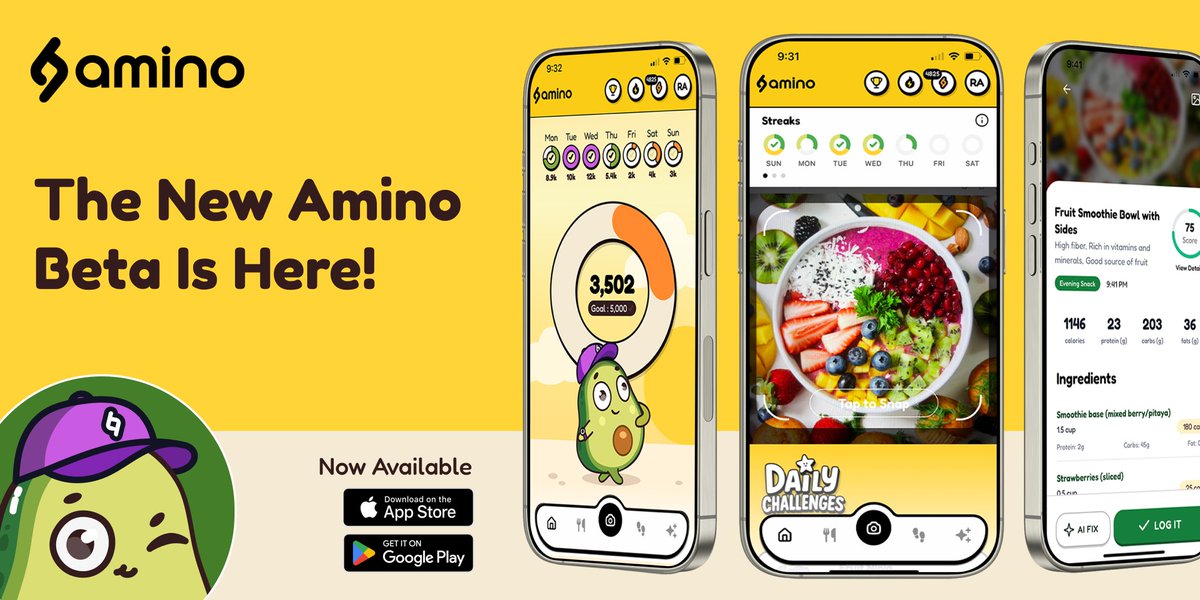 The Beta launch of the new Amino app is here, with a TON of new features:

✔️ Snap A Pic To Log Your Meal
✔️ AI Nutrition Breakdown
✔️ AI Health Score
✔️ Personalized Nutritional Insights
✔️ Track Your Steps
✔️ Streak Bonuses
✔️ Fun Daily Challenges
✔️ Weekly Contests
✔️ + more!