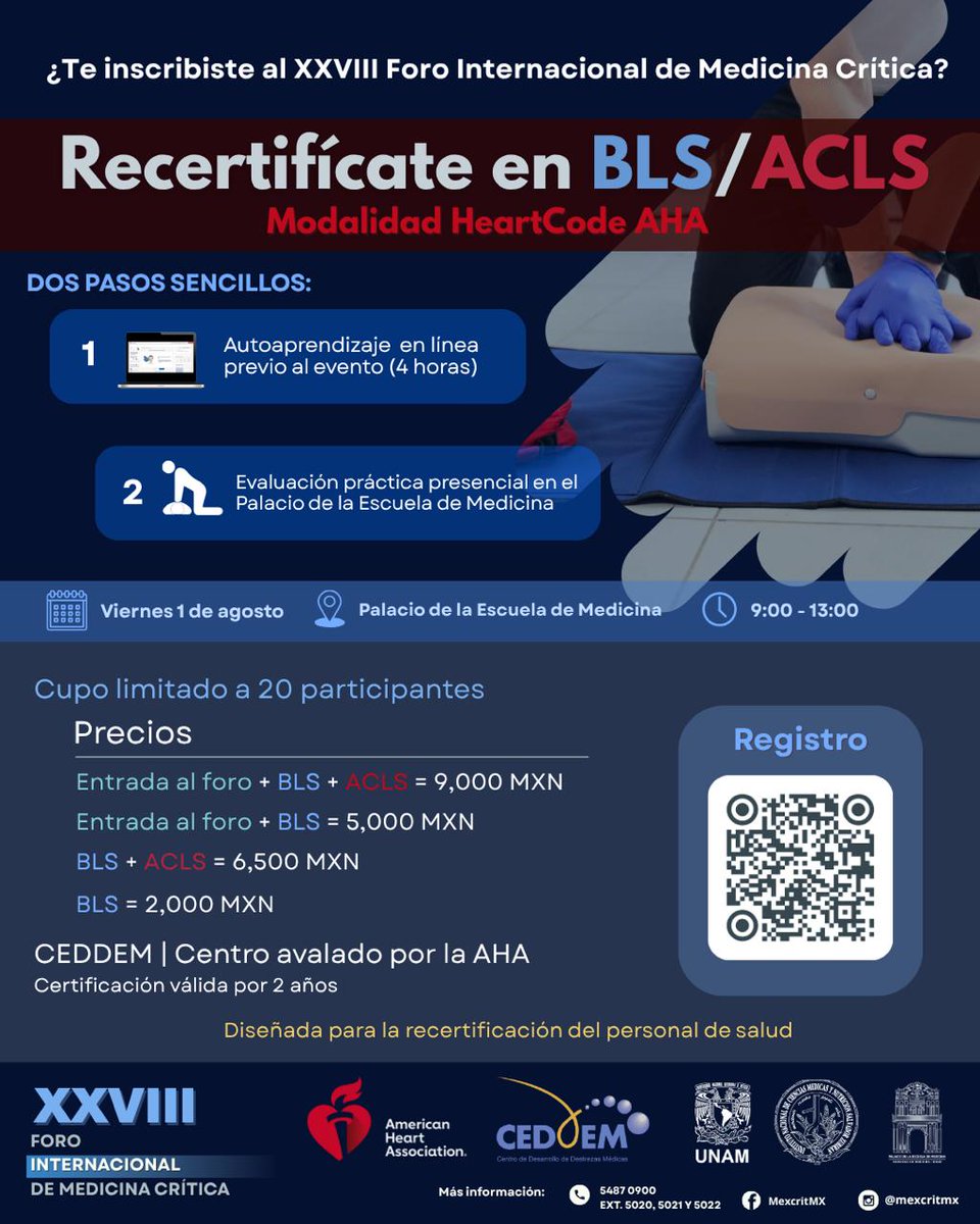 incmnszmx's tweet image. * * * FORO * * *
XXVIII Foro Internacional de Medicina Crítica
1 de agosto
09:00 – 13:00 hrs.
Palacio de la Escuela de Medicina