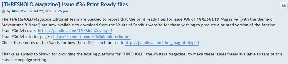 ThePiazzaForum's tweet photo. Mystara fans: Have you gotten issue 36 of Threshold Magazine printed yet?:
https://t.co/4qKlru7q33

Check this topic for links on where you can get the free Print on Demand files, that you can use to get your own copy made. https://t.co/LBfDXu01wy