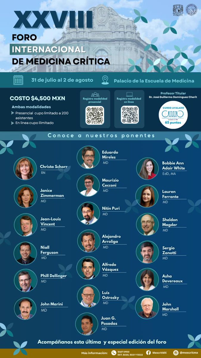 incmnszmx's tweet image. * * * FORO * * *
XXVIII Foro Internacional de Medicina Crítica
1 de agosto
09:00 – 13:00 hrs.
Palacio de la Escuela de Medicina